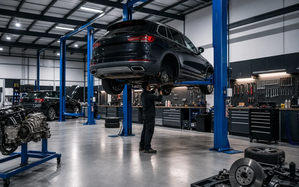 Auto servis Premia - vozilo na dizalici u cistoj radionici